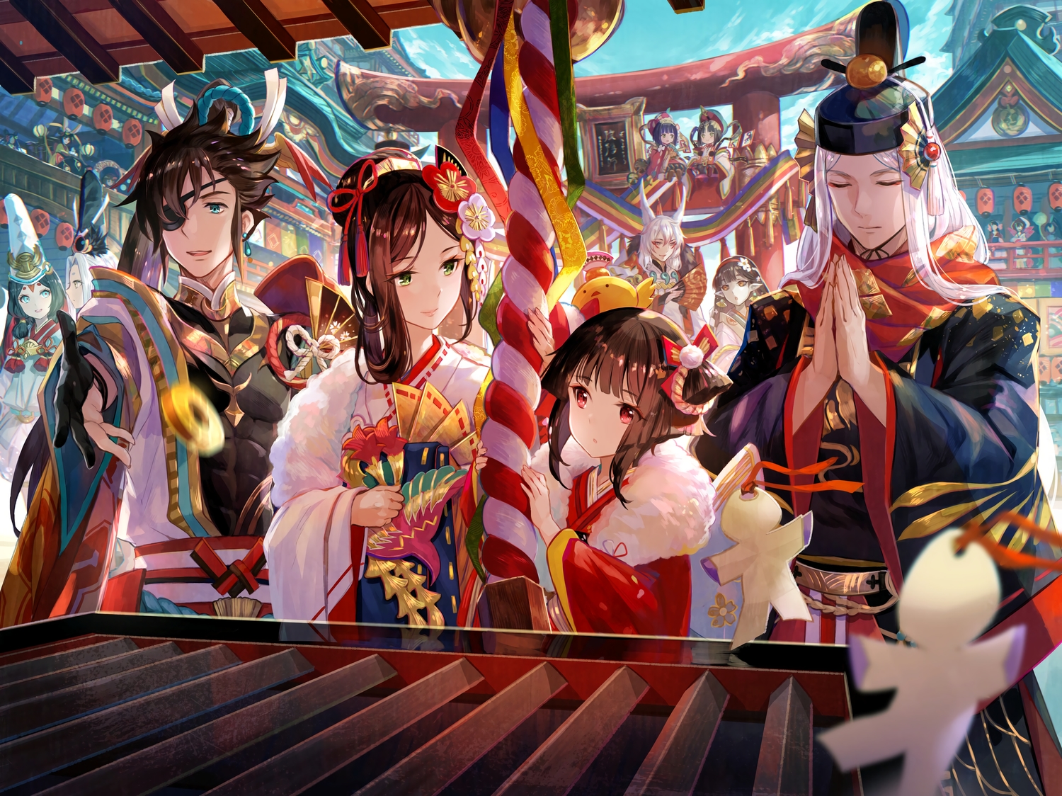abe_no_seimei_(onmyouji), animal_ears, aqua_eyes, brown_eyes, brown_hair, clouds, doujo_(onmyouji), fang, festival, flowers, fuji_choko, green_eyes, headband, kagura_(onmyouji), kochou_no_sei_(onmyouji), kuro_douji_(onmyouji), kyonshii_imouto_(onmyouji), loli, long_hair, male, minamoto_no_hiromasa_(onmyouji), momo_no_sei_(onmyouji), oguna_(onmyouji), onmyouji, red_eyes, sakura_no_sei_(onmyouji), shiro_douji_(onmyouji), short_hair, shrine, sky, tattoo, torii, white_hair, yaobikuni_(omnyouji), youko_(onmyouji)