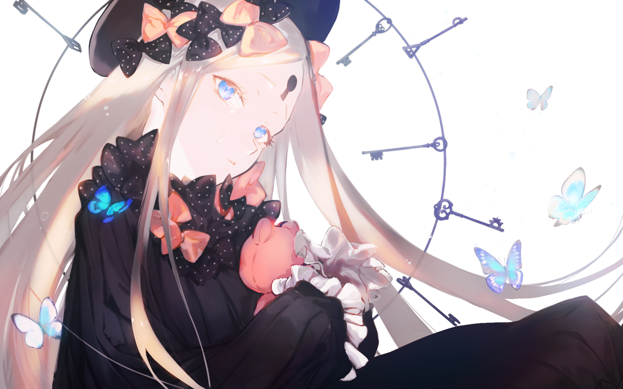 abigail_williams_(fate/grand_order), aqua_eyes, blonde_hair, bow, butterfly, dress, fate/grand_order, fate_(series)