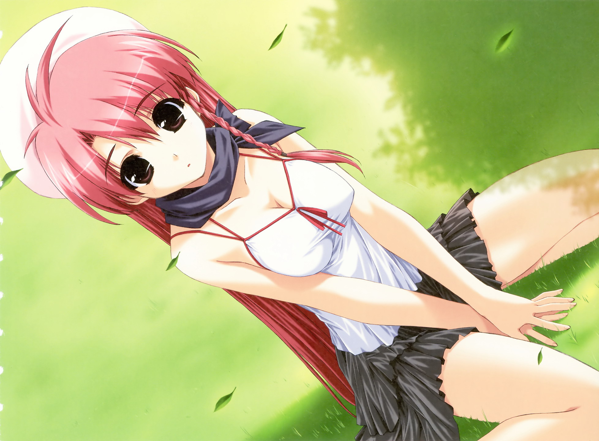 boy_meets_girl, breasts, brown_eyes, cleavage, grass, hat, petals, pink_hair, shintaro, skirt, tsubasa_miu