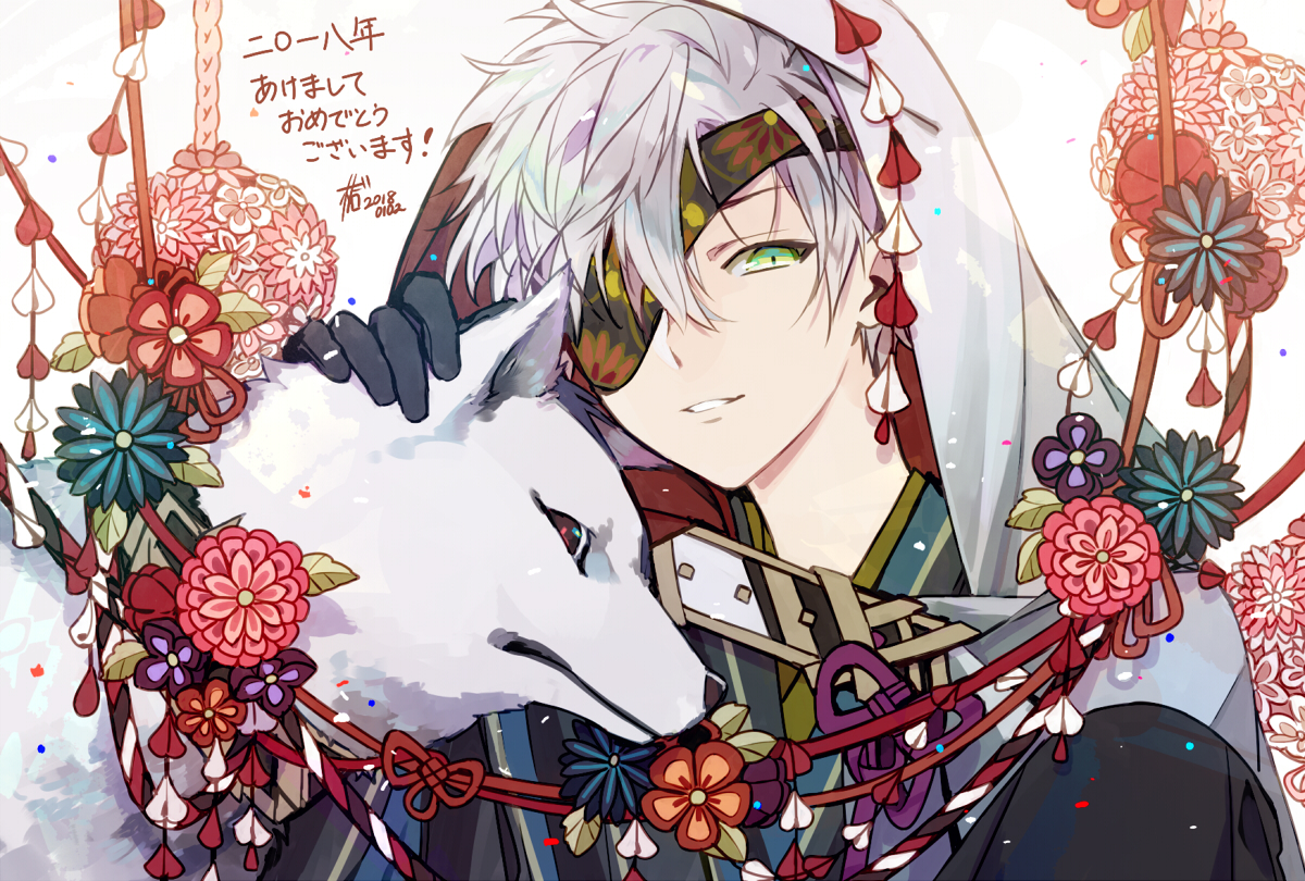 all_male, animal, dog, eyepatch, flowers, gray_hair, green_eyes, headdress, hood, japanese_clothes, male, matsunaka_hiro, original, short_hair