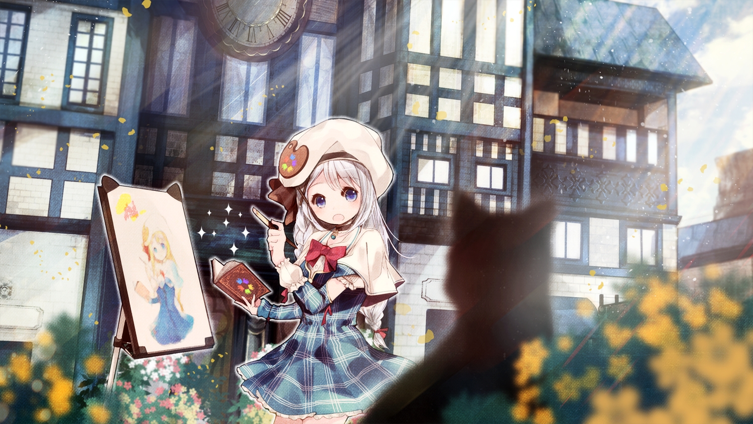 animal, blue_eyes, book, bow, braids, building, cat, chiena-chan, clouds, dress, flowers, hat, long_hair, paintschainer, sky, tagme_(artist), white_hair