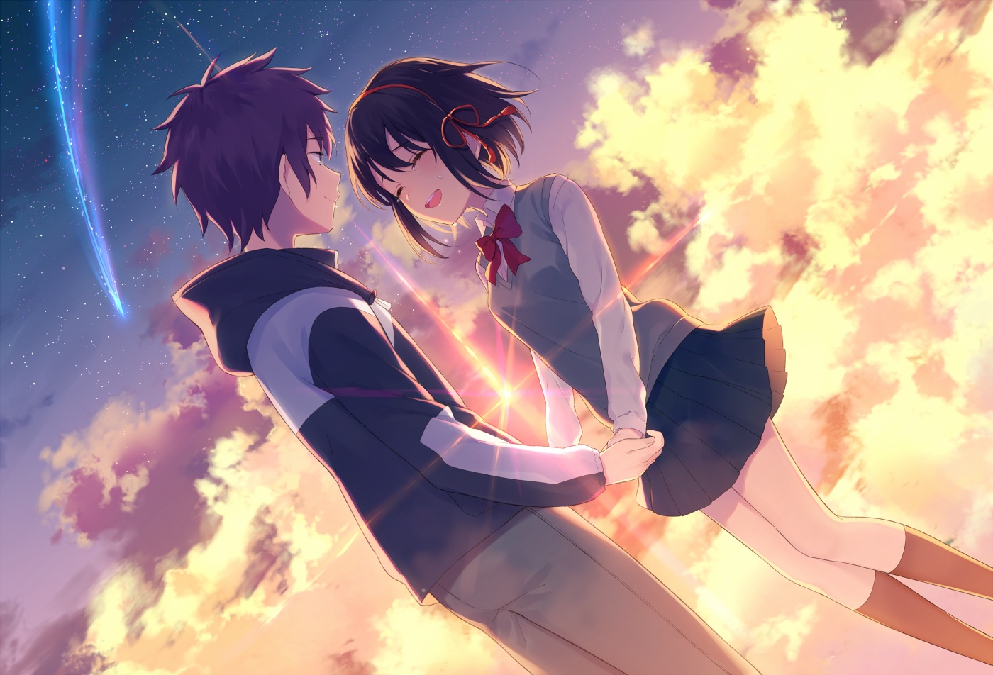 achiki, black_hair, bow, brown_hair, clouds, crying, kimi_no_na_wa, kneehighs