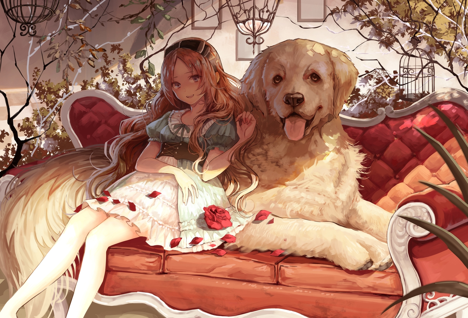 animal, blonde_hair, blue_eyes, bow, cage, couch, dog, dress