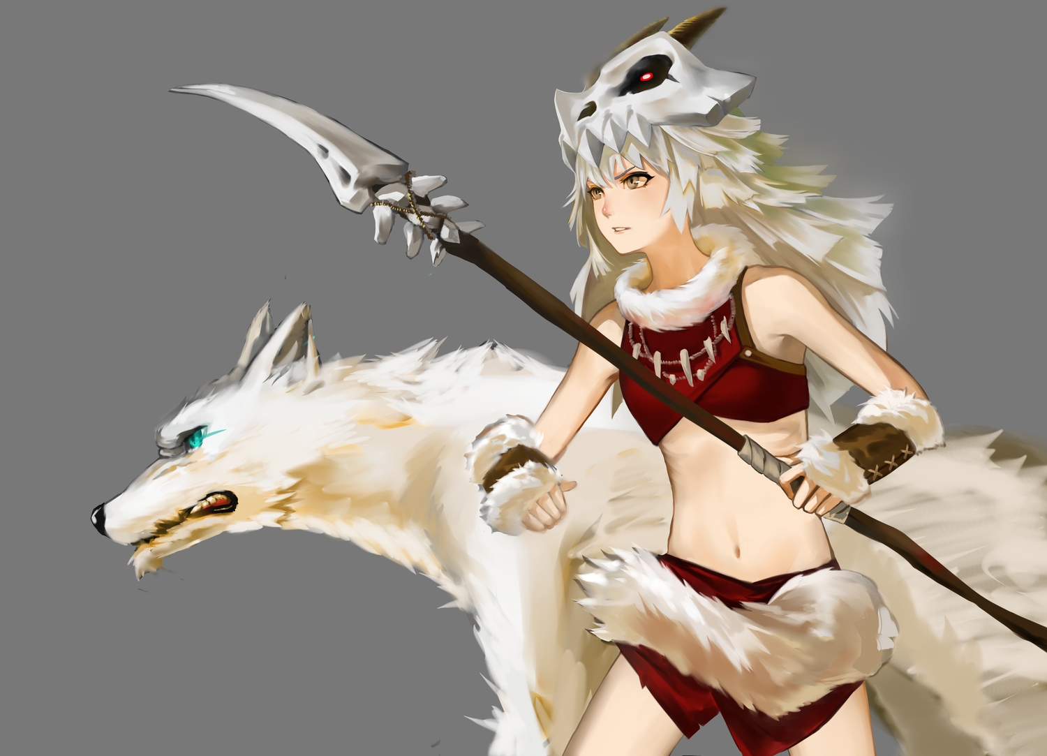 animal, aqua_eyes, bai_lang, blonde_hair, brown_eyes, crusaders_quest, gray, headdress, navel, necklace, skirt, spear, tagme_(artist), weapon, wolf, wristwear