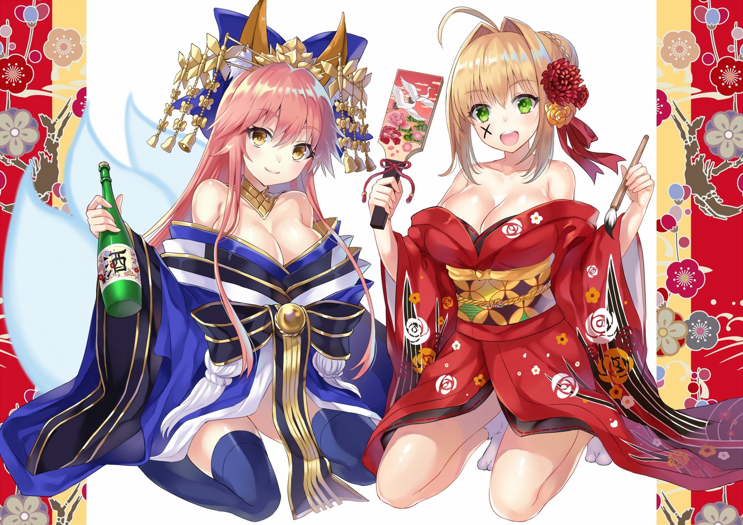2girls, animal_ears, blonde_hair, breasts, cleavage, drink, fate/extra, fate_(series)