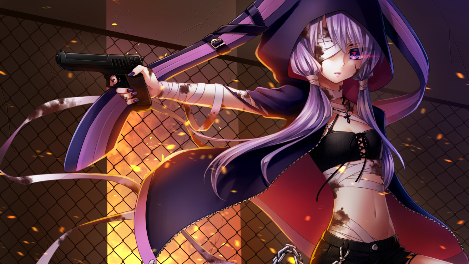 bandage, chain, cross, eyepatch, gun, long_hair, navel, necklace