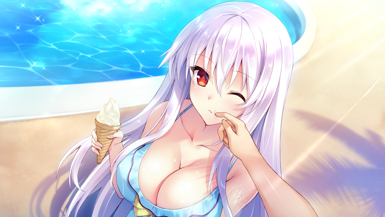 bikini, blush, breasts, bug_system, cleavage, farah_perellies, food, game_cg