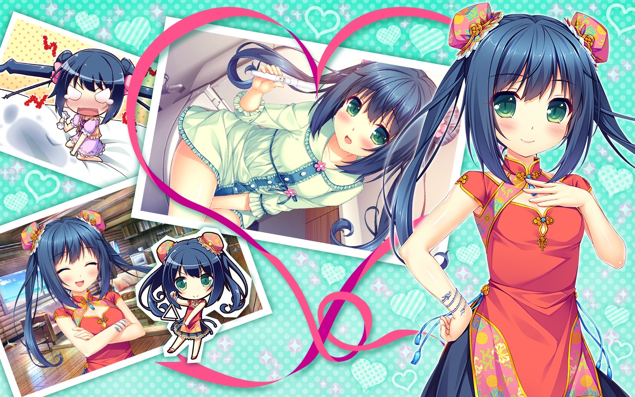 blue_hair, blush, boku_to_koi_suru_ponkotsu_akuma, chinese_clothes, chinese_dress, dress, game_cg, green_eyes, loli, long_hair, ribbons, ryuusenji_aifa, sayori, smile, twintails, wristwear