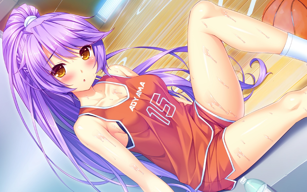 aoi_miyabi, ball, basketball, boku_to_koi_suru_ponkotsu_akuma, breasts, brown_eyes, cleavage, game_cg, gym_uniform, long_hair, purple_hair, sayori, smile, sport, wet