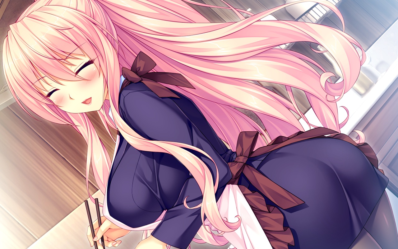 apron, ass, blush, boku_to_koi_suru_ponkotsu_akuma, breasts, game_cg, kiritani_reika, long_hair, pink_hair, purple_eyes, sayori, skirt, smile, suit