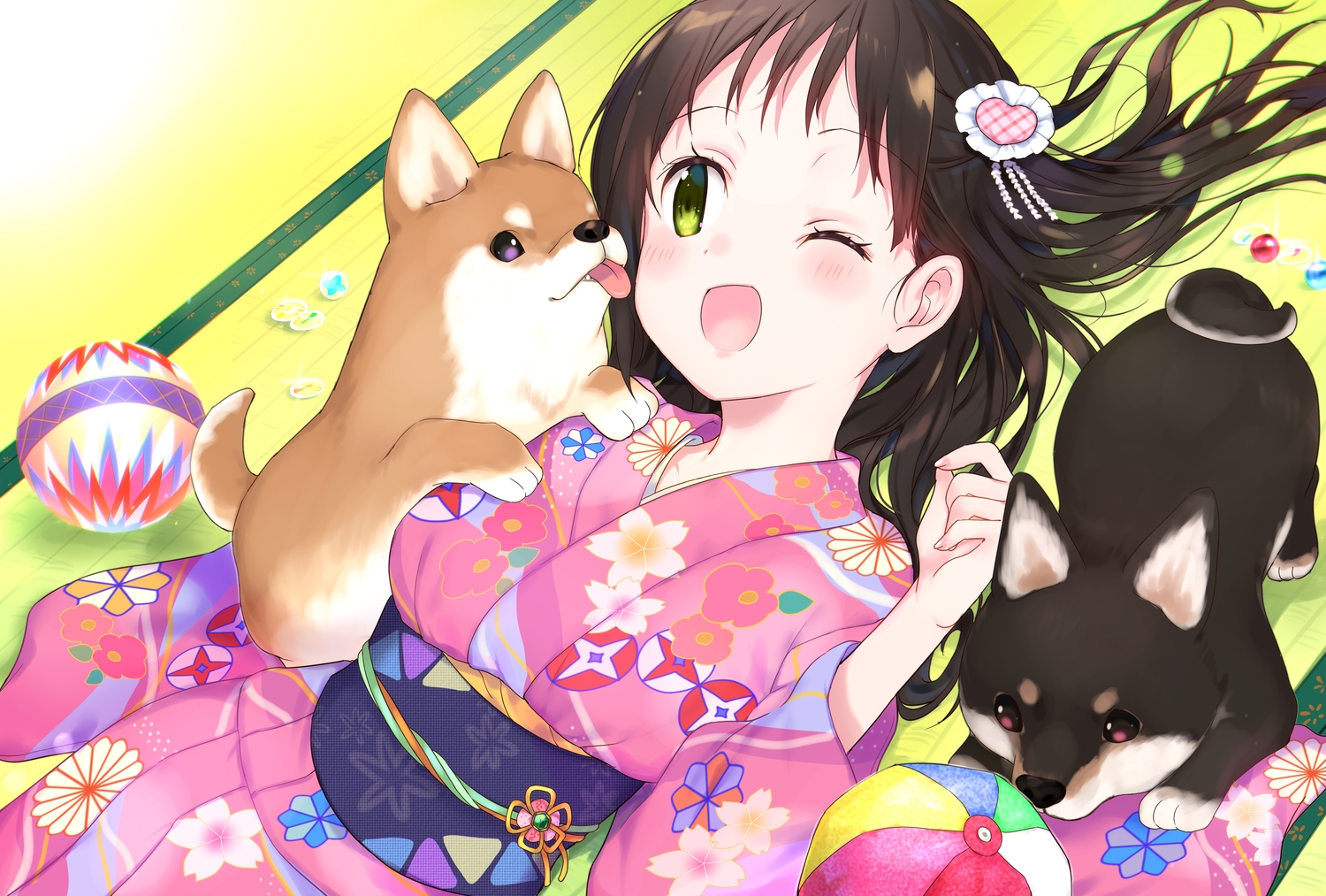 animal, ball, blush, brown_hair, dog, gradient, green_eyes, japanese_clothes