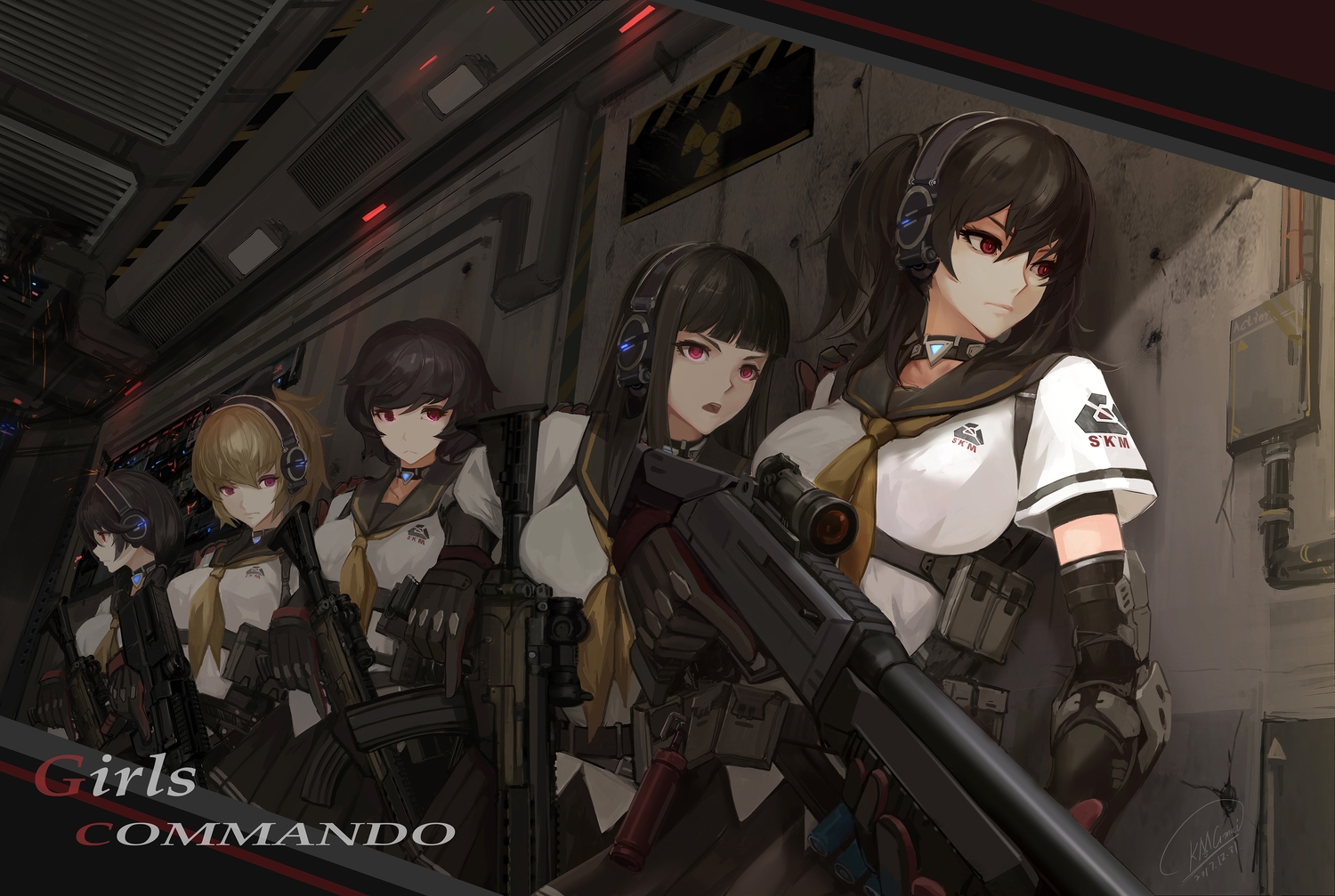 group, gun, headphones, original, shou_mai, weapon