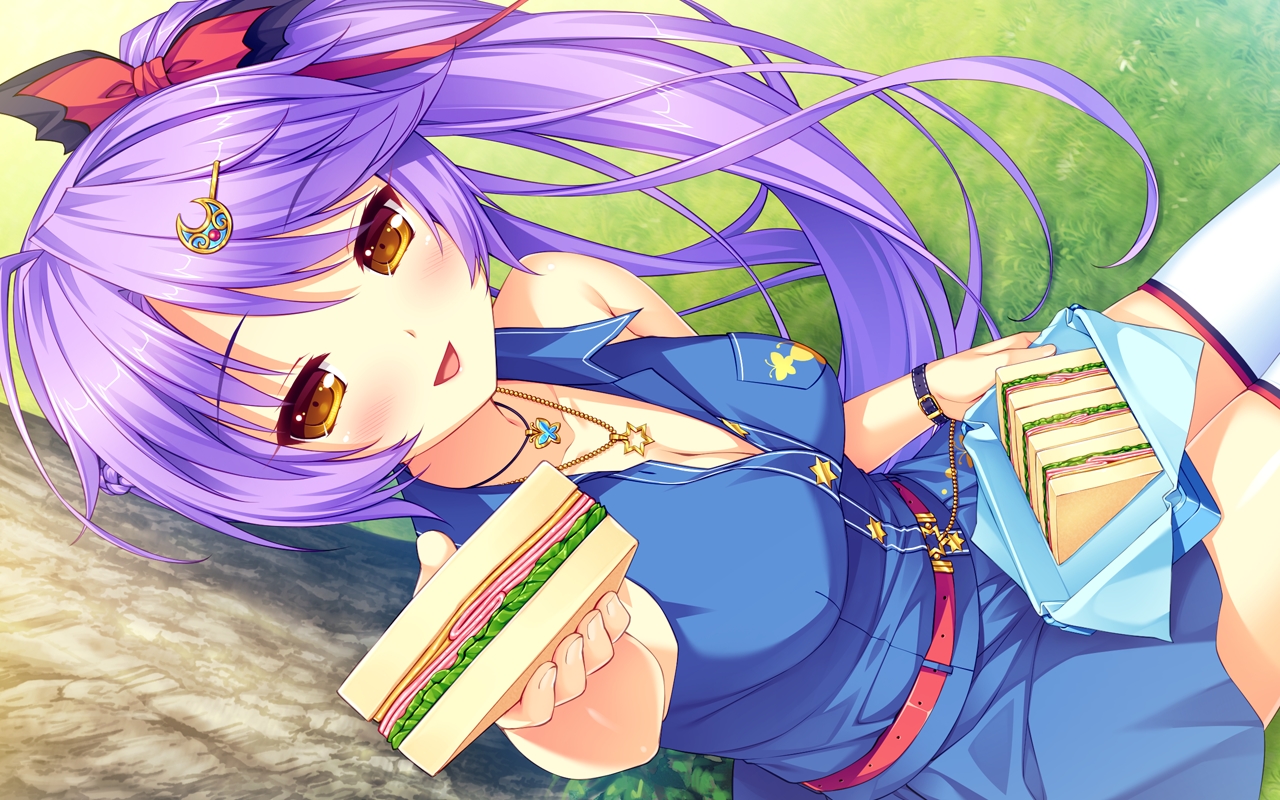 aoi_miyabi, blush, boku_to_koi_suru_ponkotsu_akuma, breasts, cleavage, food, game_cg, grass