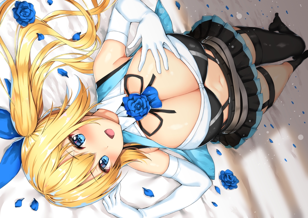 aqua_eyes, blonde_hair, body_mahattaya_ginga, breasts, cleavage, elbow_gloves, flowers, garter_belt