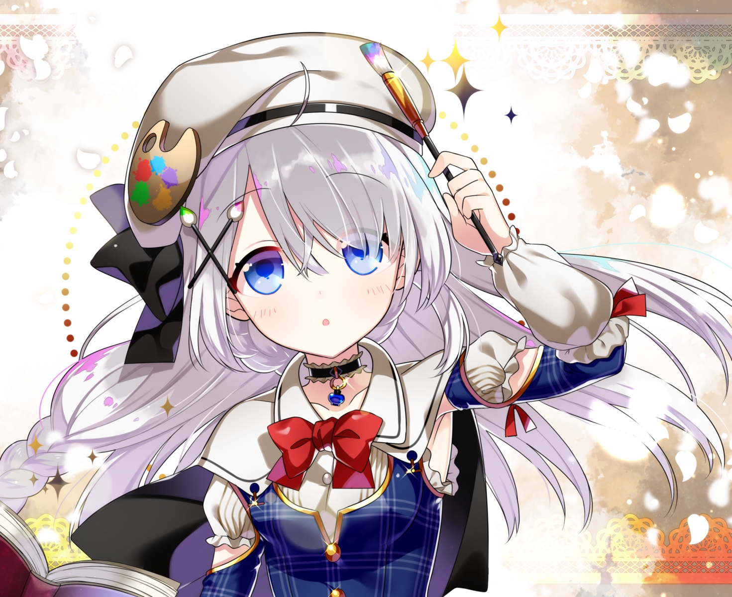 aqua_eyes, book, chiena-chan, choker, close, gray_hair, hat, long_hair, necklace, paintschainer, tagme_(artist)