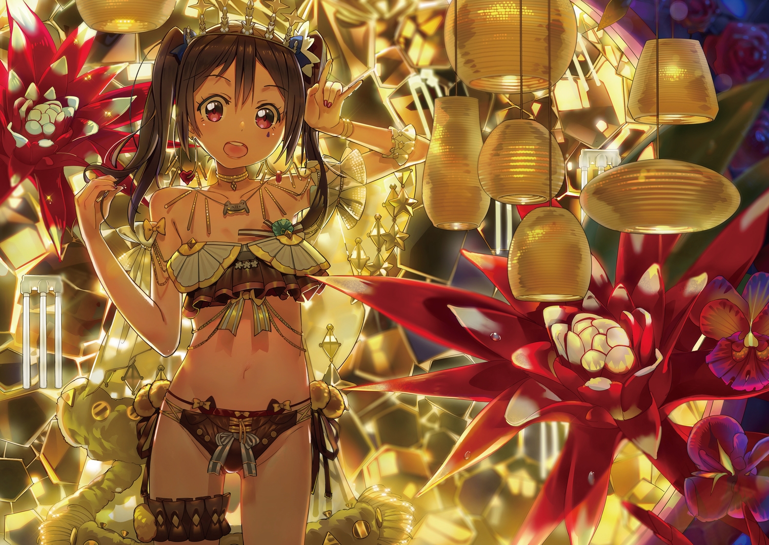 black_hair, choker, crown, el-zheng, flowers, love_live!_school_idol_project, navel, red_eyes, twintails, yazawa_nico