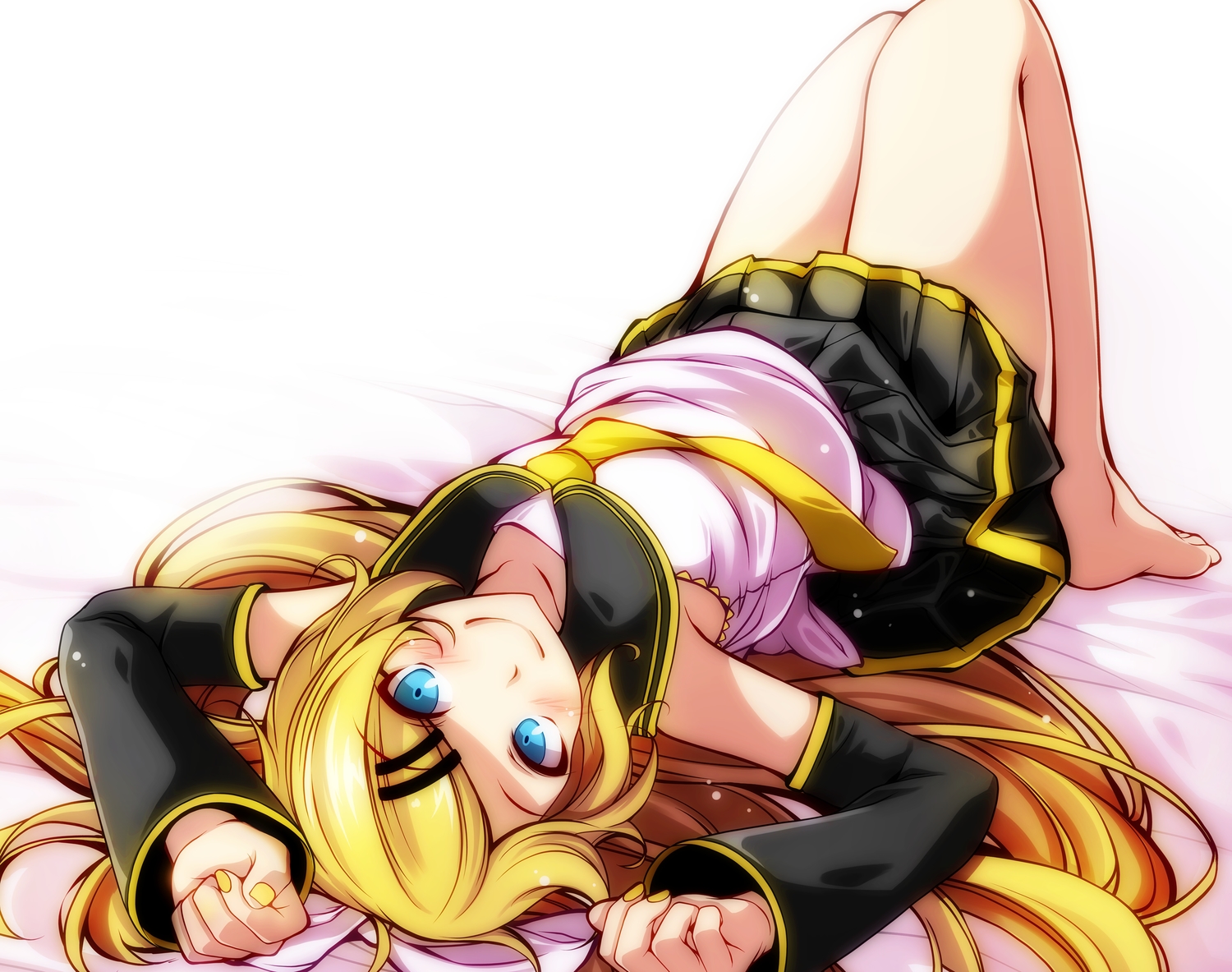 aqua_eyes, barefoot, bed, blonde_hair, kagamine_rin, long_hair, school_uniform, skirt
