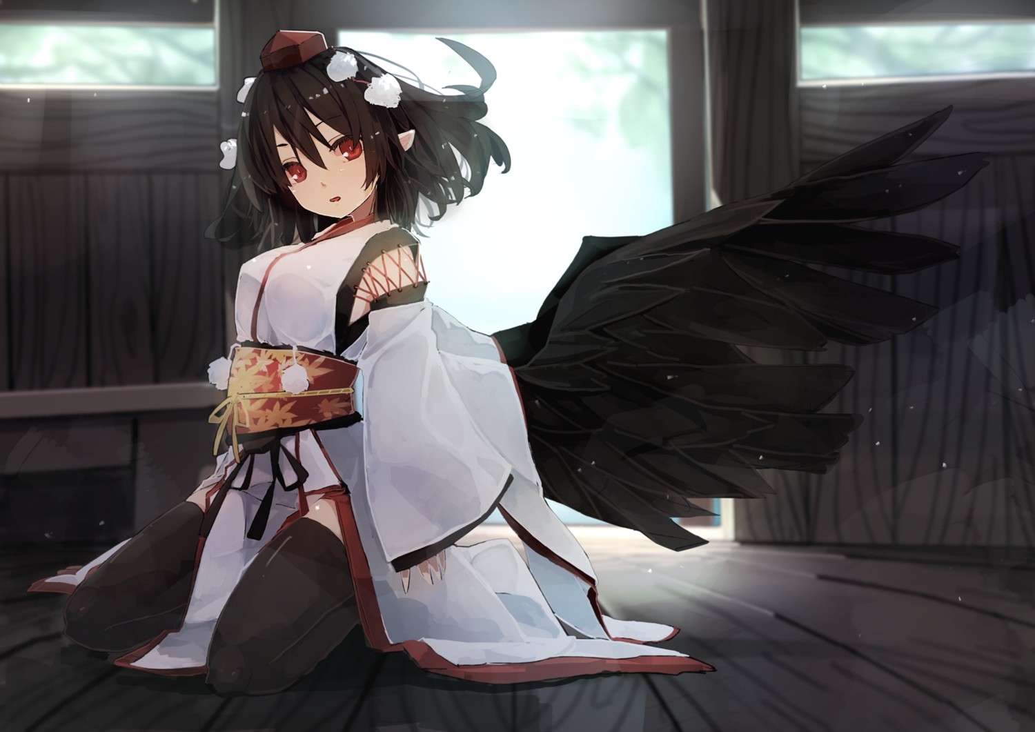 dress, futatsuki_eru, hat, japanese_clothes, pointed_ears, red_eyes, ribbons, shameimaru_aya, short_hair, touhou, wings