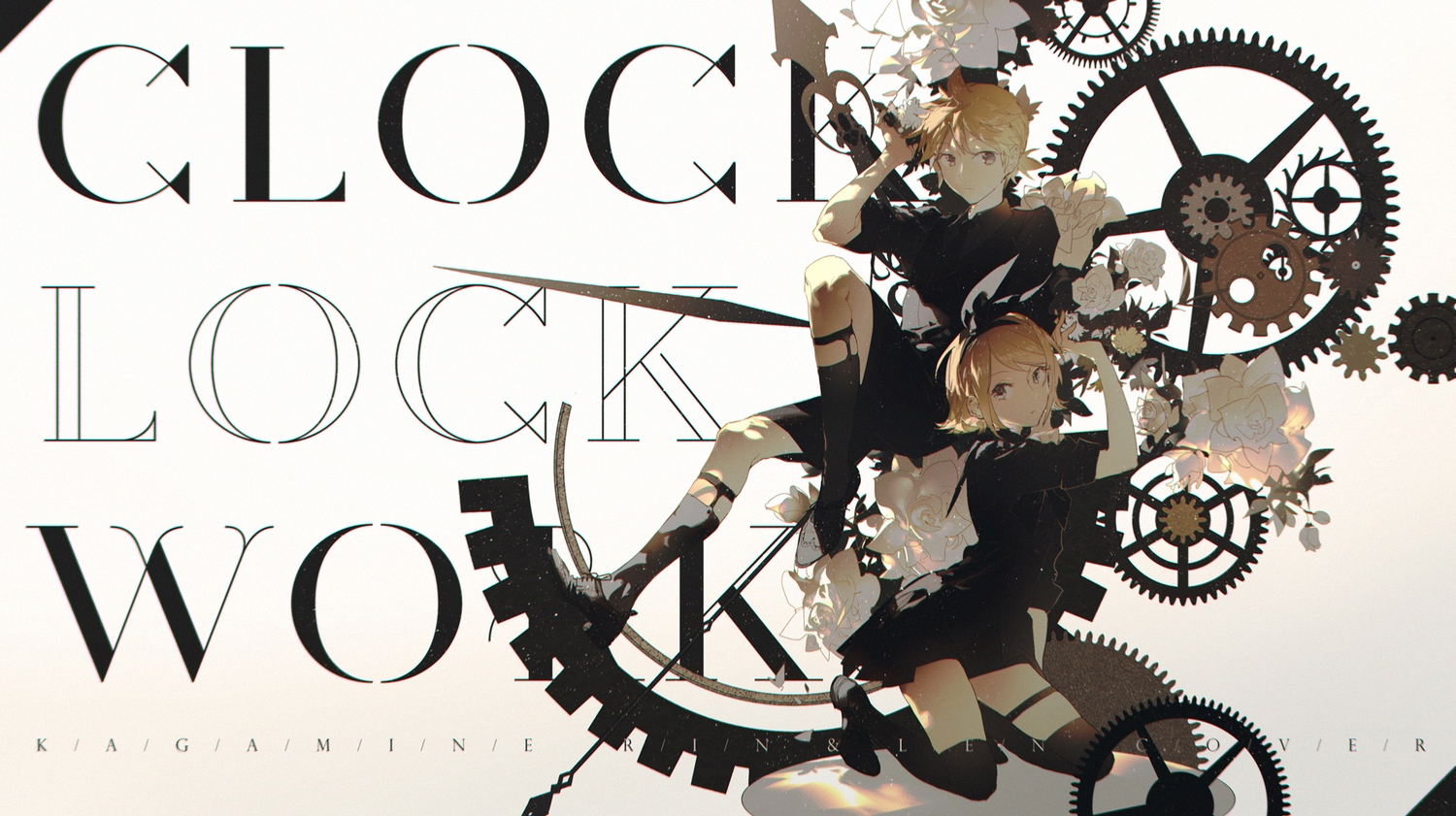 blonde_hair, brown_eyes, clock_lock_works_(vocaloid), gradient, kagamine_len, kagamine_rin, male, rella, short_hair, thighhighs, vocaloid