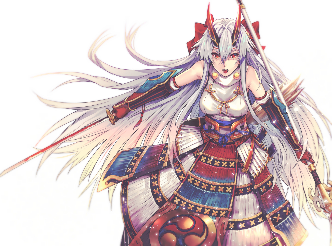 applekun, armor, dress, elbow_gloves, fate/grand_order, fate_(series), gloves, horns, katana, long_hair, orange_eyes, samurai, sword, tomoe_gozen, weapon, white_hair