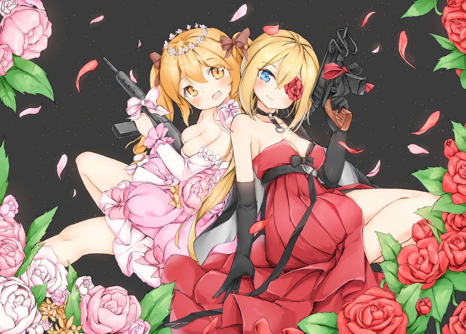 2girls, anthropomorphism, aqua_eyes, blonde_hair, bow, breasts, cleavage, dress, elbow_gloves, flowers, girls_frontline, gloves, gun, lin.h, long_hair, ponytail, skorpion_(girls_frontline), sten_mk2_(girls_frontline), summer_dress, twintails, weapon, yellow_eyes