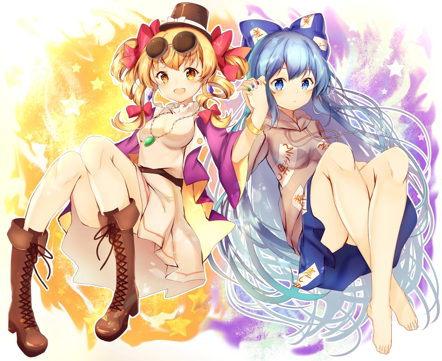 2girls, barefoot, blonde_hair, blue_eyes, blue_hair, boots, bow, dress