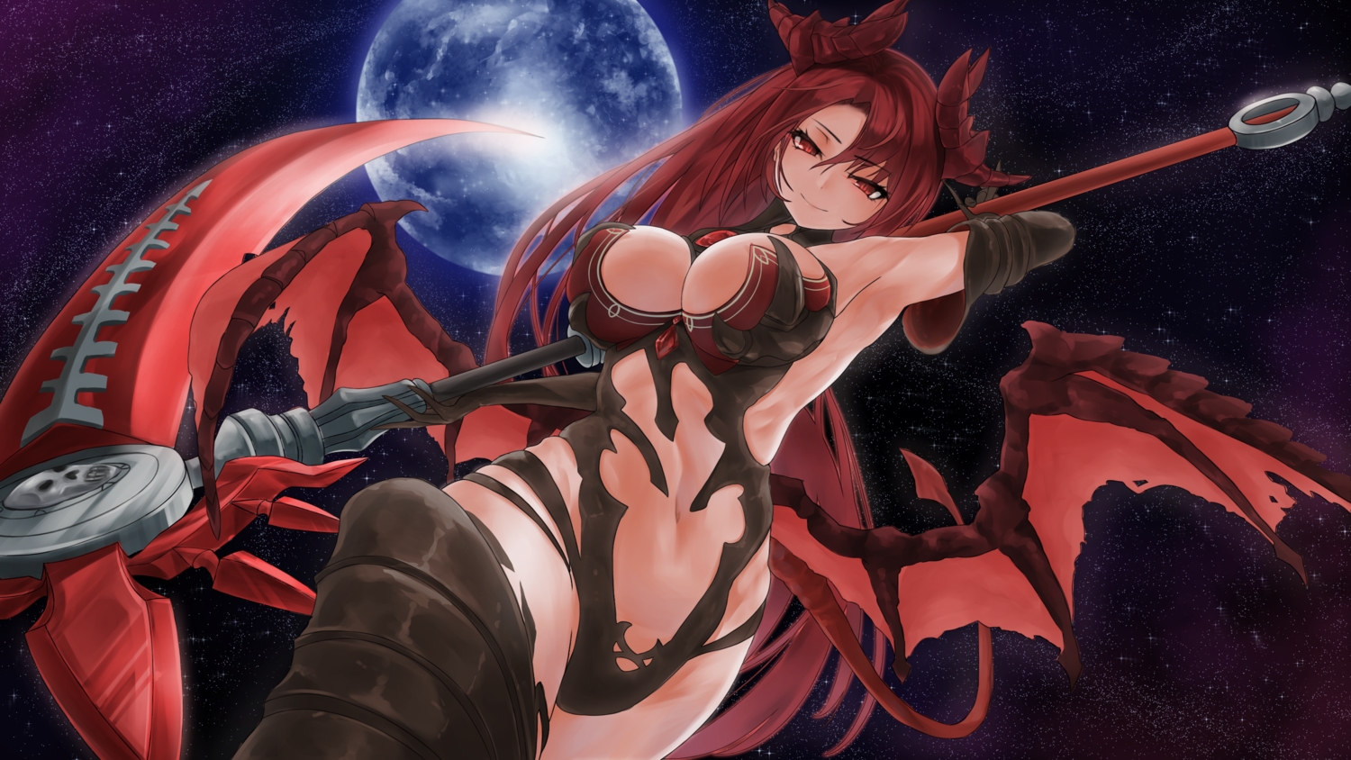breasts, cleavage, elbow_gloves, epis_(king's_raid), gloves, horns, king's_raid, long_hair, navel, night, planet, red_eyes, red_hair, sky, stars, tagme_(artist), tail, thighhighs, weapon, wings
