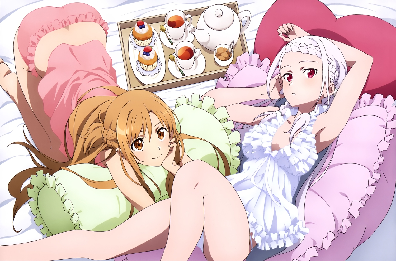 2girls, blush, braids, brown_eyes, brown_hair, drink, food, fruit