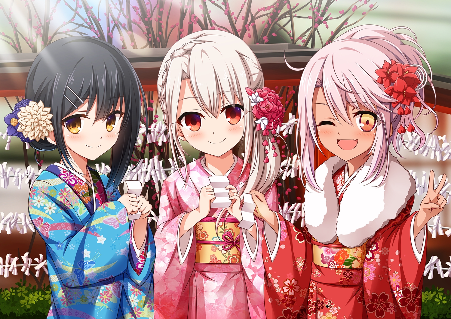 blonde_hair, blush, braids, chloe_von_einzbern, fate/kaleid_liner_prisma_illya, fate_(series), illyasviel_von_einzbern, japanese_clothes