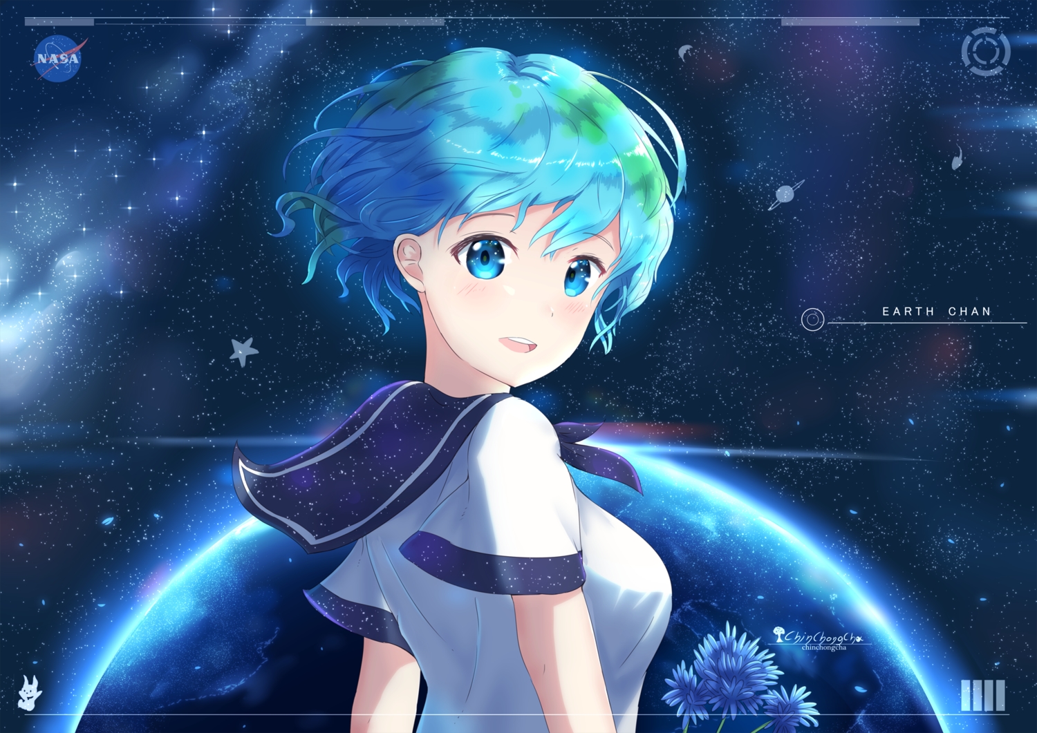anthropomorphism, aqua_eyes, aqua_hair, blush, chinchongcha, earth-chan, logo, planet