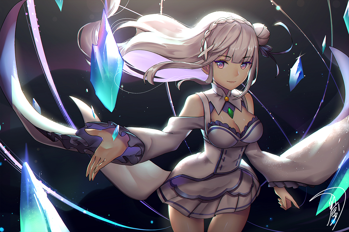 braids, breasts, cleavage, emilia_(re:zero), fukafusa, long_hair, re:zero_kara_hajimeru_isekai_seikatsu, signed, skirt, white_hair
