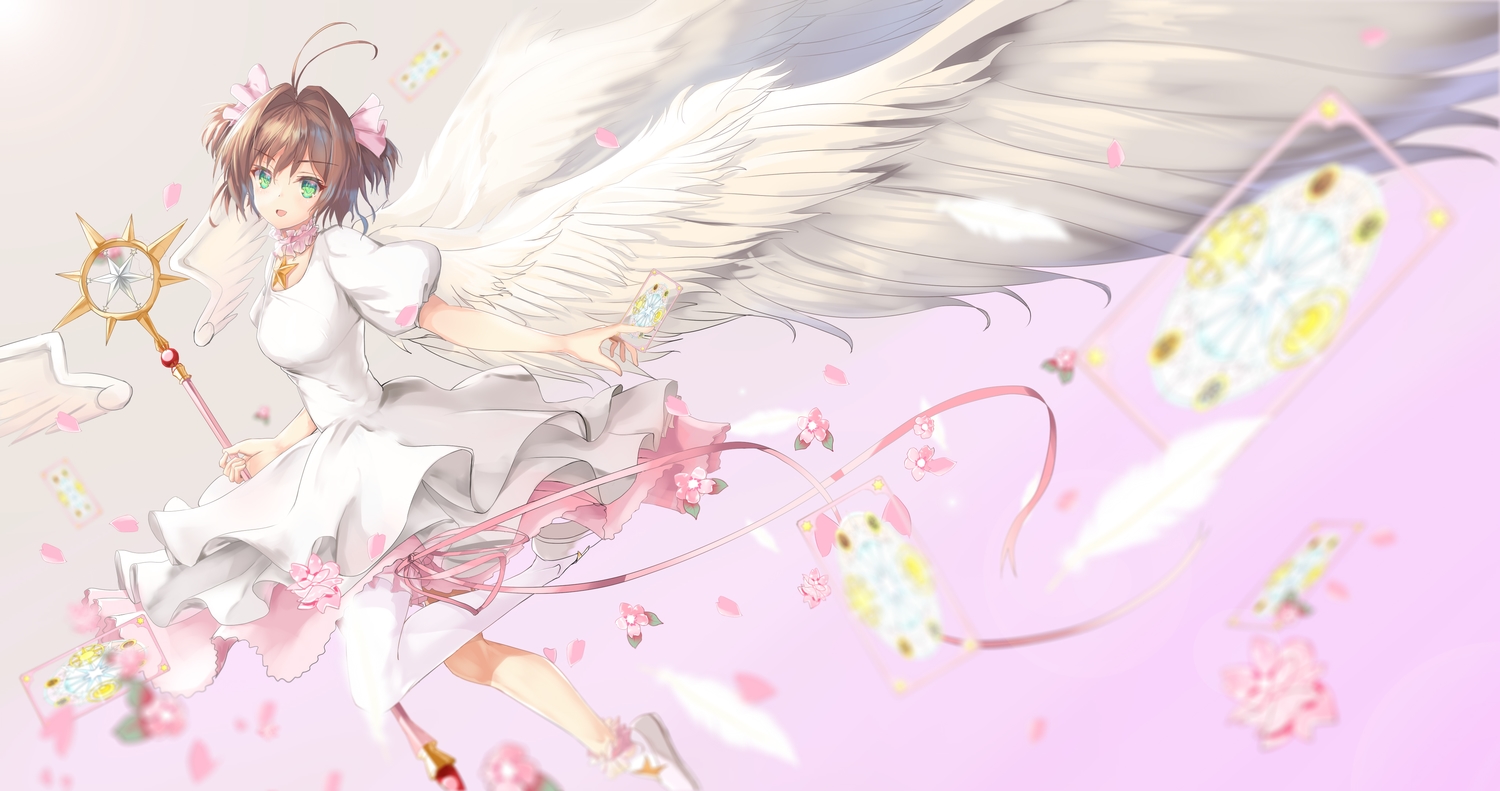 brown_hair, card_captor_sakura, choker, dress, green_eyes, icefurs, kinomoto_sakura, necklace, ribbons, short_hair, thighhighs, twintails, wand, wings