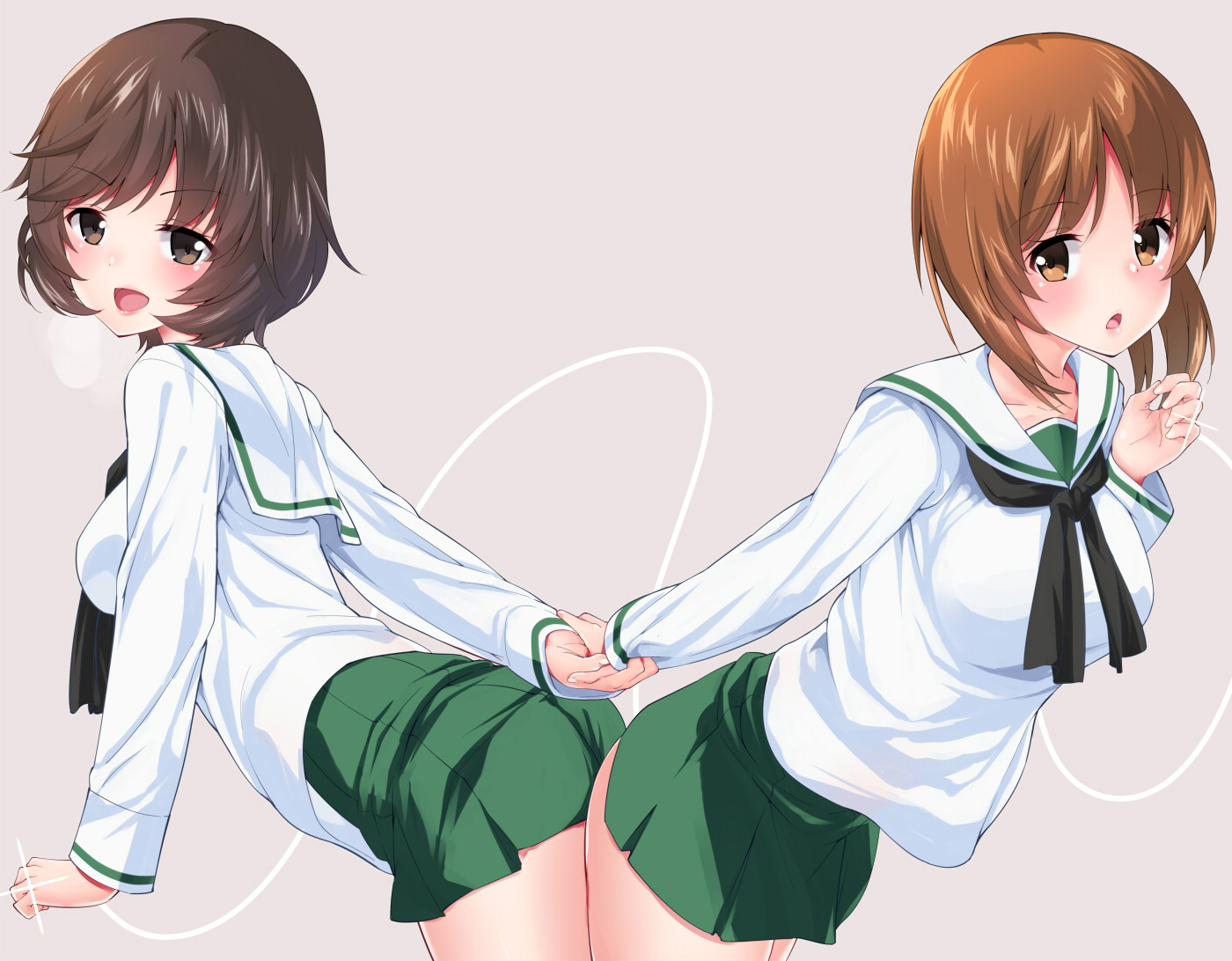 2girls, akiyama_yukari, amasora_taichi, blush, brown_eyes, brown_hair, girls_und_panzer, nishizumi_miho