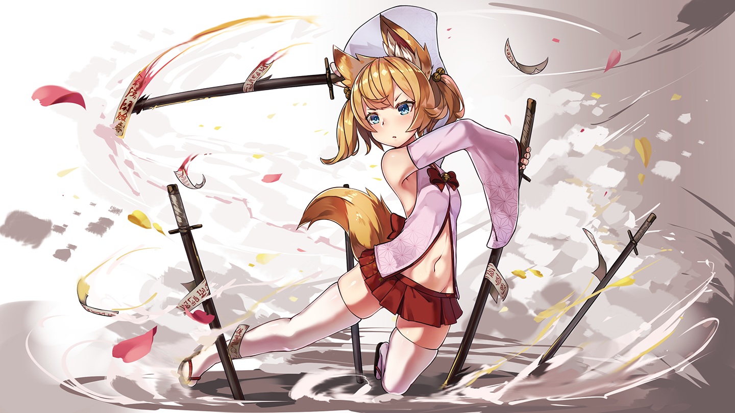 animal_ears, foxgirl, katana, kemomimi_oukoku_kokuei_housou, mikoko_(kemomimi_oukoku_kokuei_housou), natori_youkai, navel, ofuda