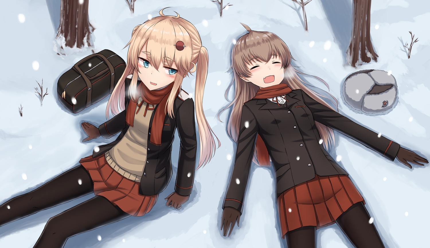 2girls, aqua_eyes, blonde_hair, brown_hair, fang, gloves, hat, long_hair, original, pantyhose, scarf, school_uniform, snow, twintails, winter, yakob_labo