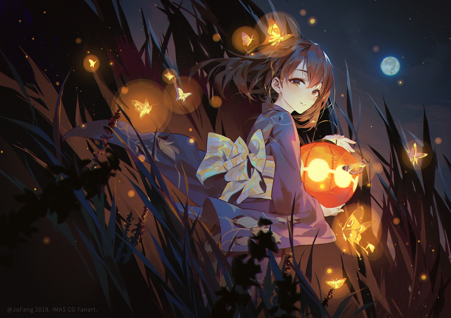 brown_eyes, brown_hair, butterfly, fujiwara_hajime, grass, idolmaster, idolmaster_cinderella_girls, japanese_clothes, jofang, kimono, moon, short_hair, watermark