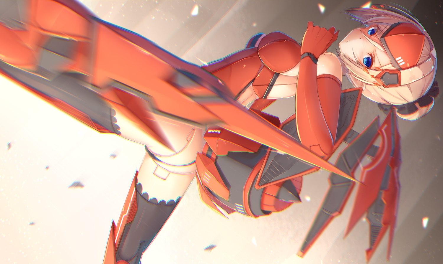 aqua_eyes, ass, blonde_hair, blush, bodysuit, elbow_gloves, gloves, headdress, kick, megami_device, sol_hornet, tatapopo, techgirl, thighhighs, wings