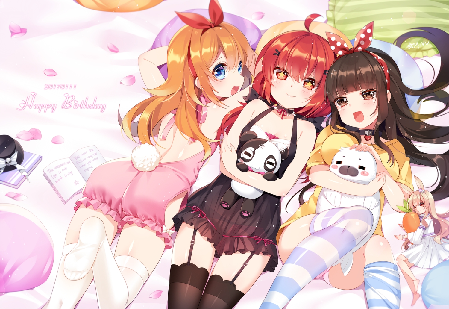 animal_ears, aqua_eyes, blonde_hair, brown_eyes, brown_hair, cherry_blossoms, choker, collar