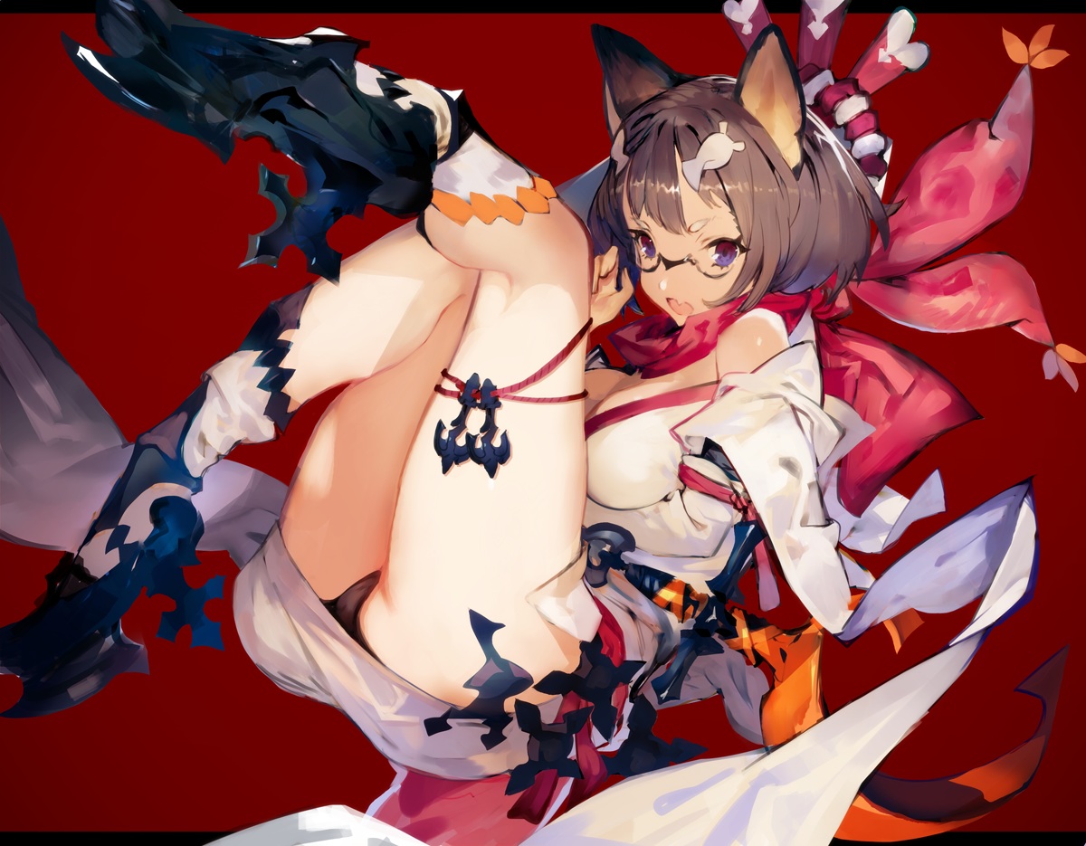 animal_ears, boots, breasts, brown_hair, cleavage, doggirl, glasses, kneehighs, original, panties, purple_eyes, scarf, short_hair, toridamono, underwear