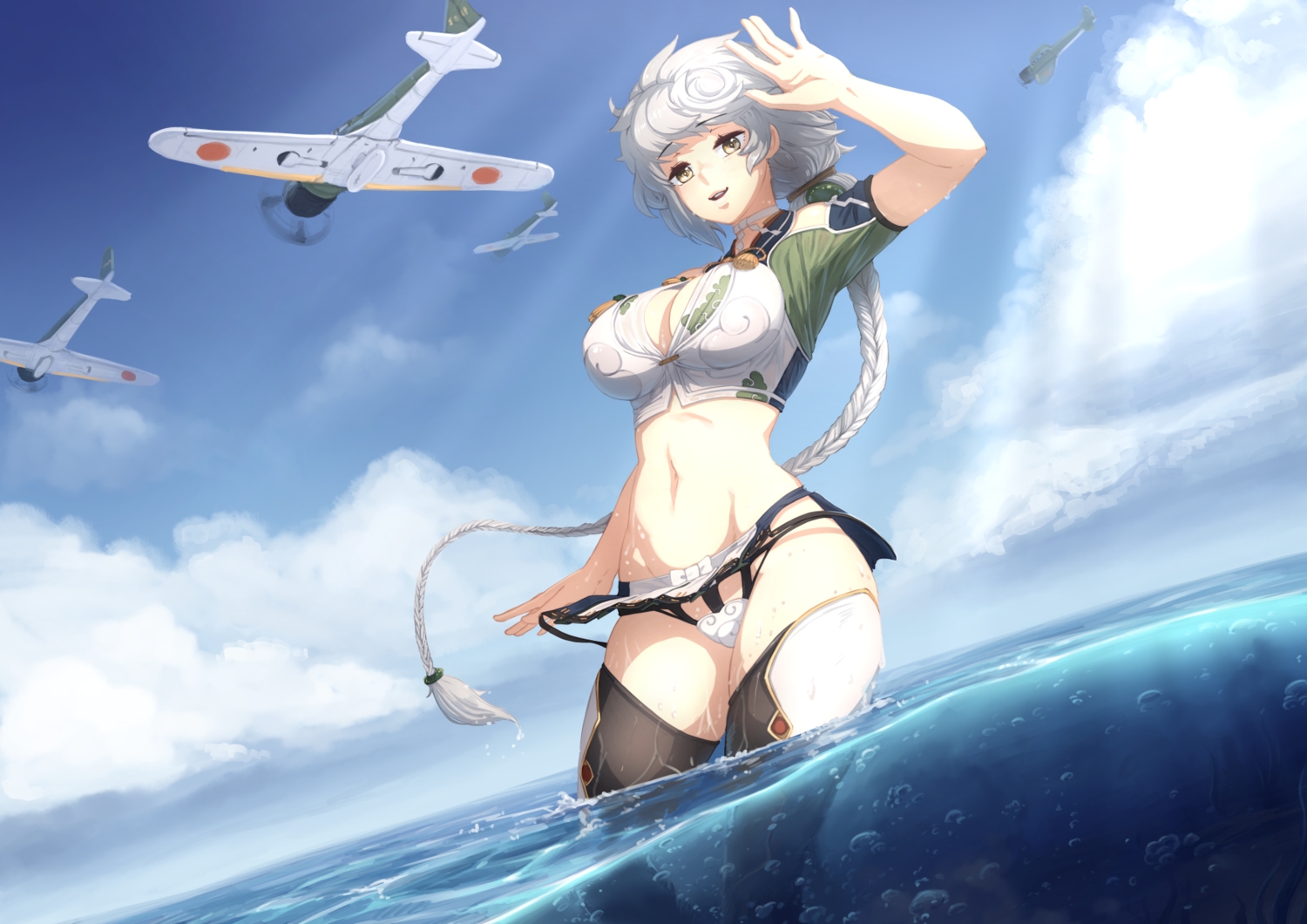 aircraft, anthropomorphism, barbariank, braids, breasts, brown_eyes, cleavage, clouds, kantai_collection, navel, ponytail, sky, thighhighs, unryuu_(kancolle), water, white_hair