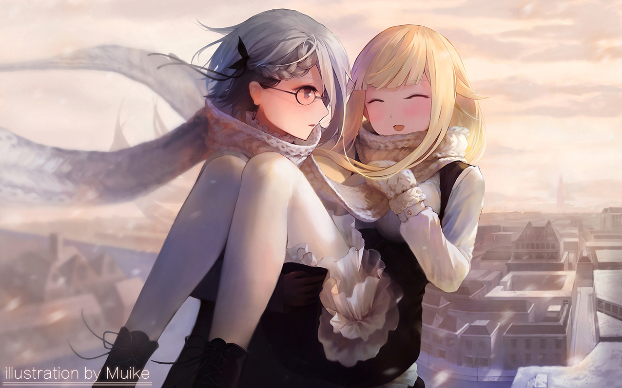 2girls, ange_le_carré, blonde_hair, blush, braids, brown_eyes, building, dress