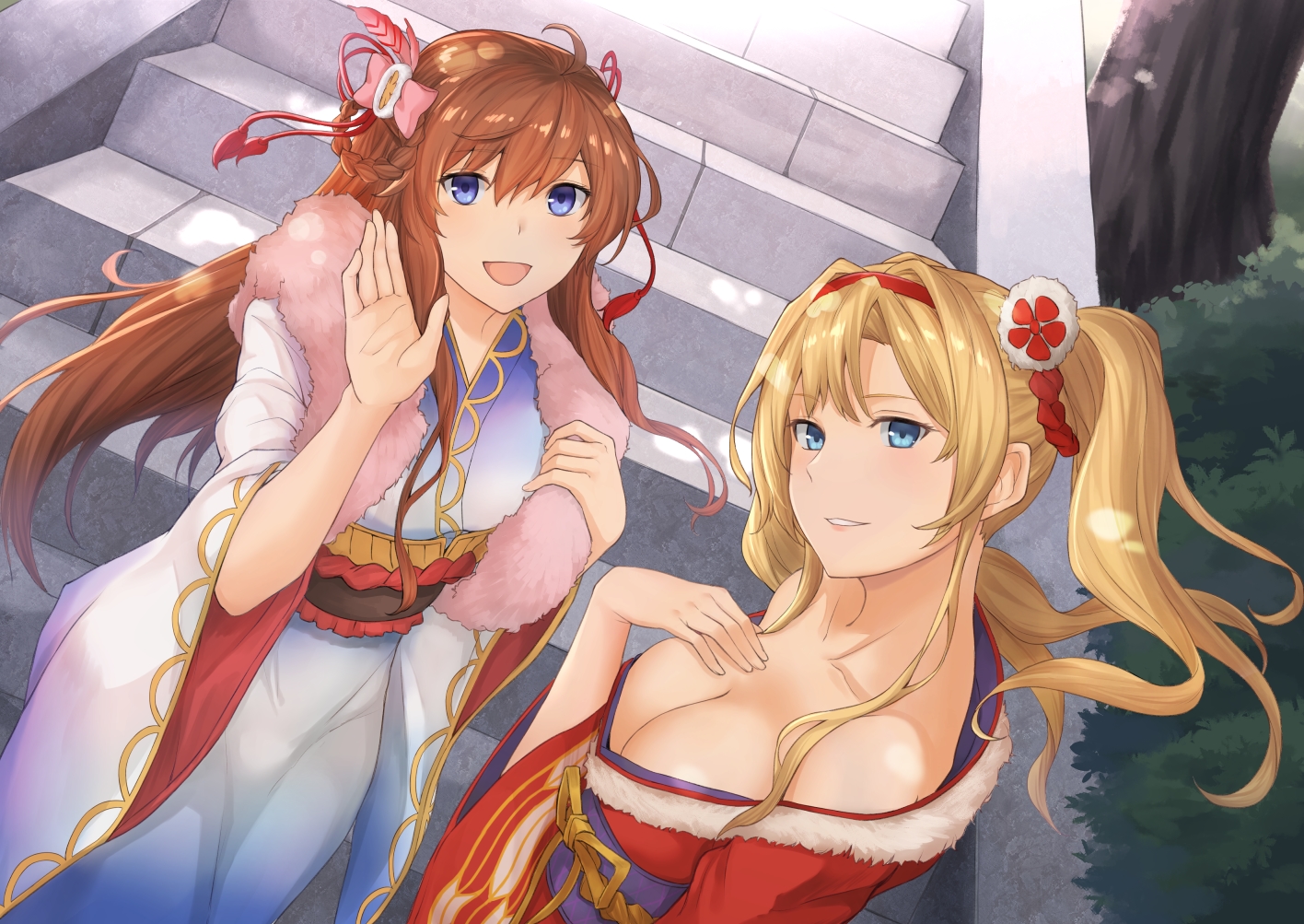 2girls, blonde_hair, blue_eyes, braids, breasts, brown_hair, cleavage, granblue_fantasy, japanese_clothes, kimono, lecia_(granblue_fantasy), long_hair, ribbons, stairs, terry, tree, twintails, zeta_(granblue_fantasy)