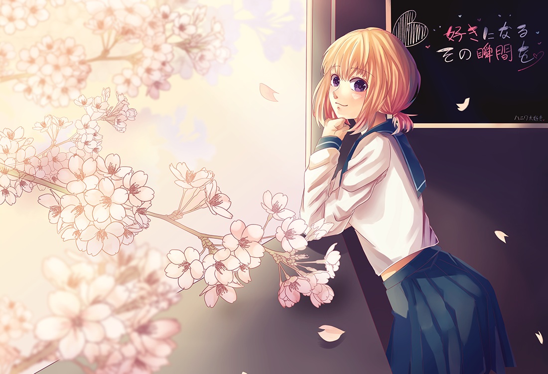 blonde_hair, cherry_blossoms, flowers, kokuhaku_jikkou_iinkai, ponytail, purple_eyes, school_uniform, setoguchi_hina, short_hair, skirt, translation_request, yanagi_yana