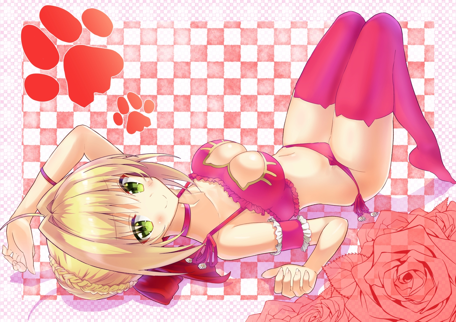 blonde_hair, bow, bra, braids, breasts, cleavage, fate/grand_order, fate_(series), flowers, green_eyes, nanakusa_amane, navel, nero_claudius_(fate), panties, rose, short_hair, thighhighs, underwear