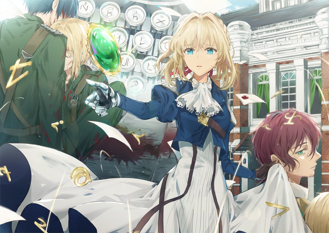 aqua_eyes, blonde_hair, claudia_hodgins, dangmill, dress, gilbert_bougainvillea, gloves, male, paper, short_hair, techgirl, violet_evergarden, violet_evergarden_(character)
