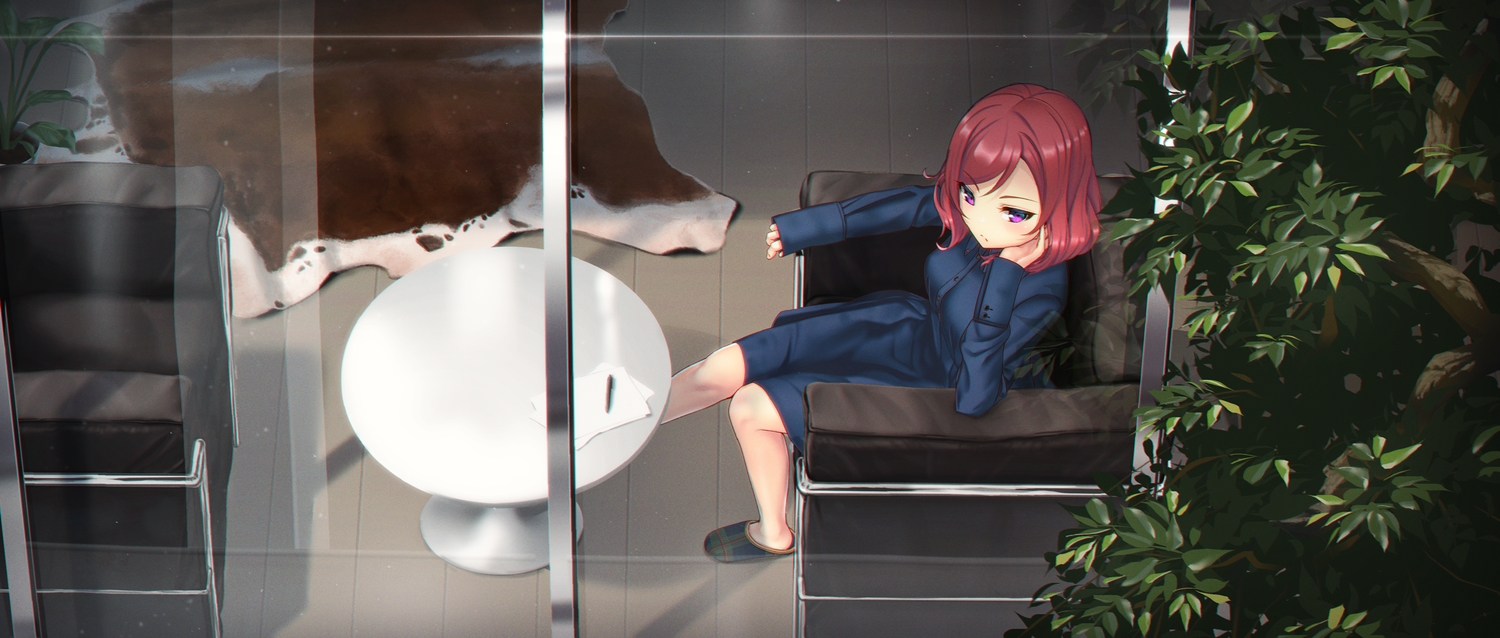 couch, love_live!_school_idol_project, meda, nishikino_maki, purple_eyes, red_hair, short_hair