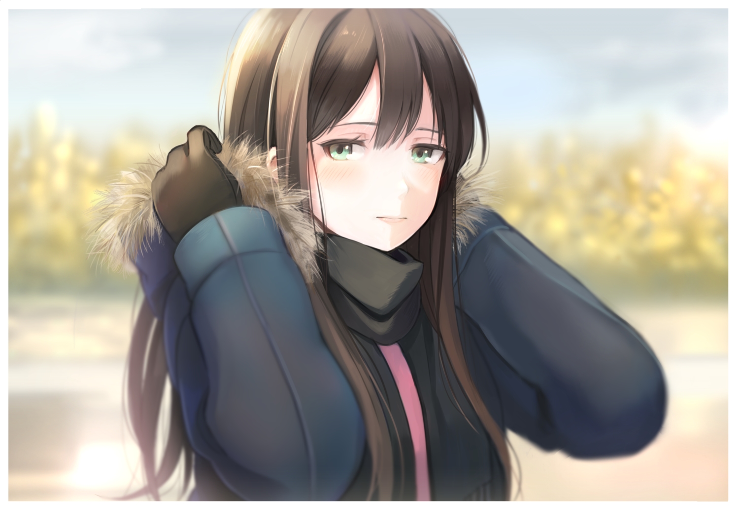 brown_hair, close, gloves, green_eyes, hinoshita_akame, idolmaster, idolmaster_cinderella_girls, long_hair, scarf, shibuya_rin