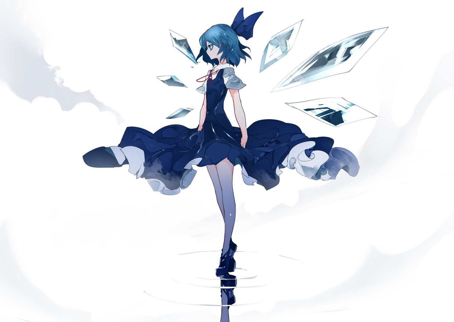 blue_eyes, blue_hair, cirno, dress, fairy, ikurauni, reflection, short_hair