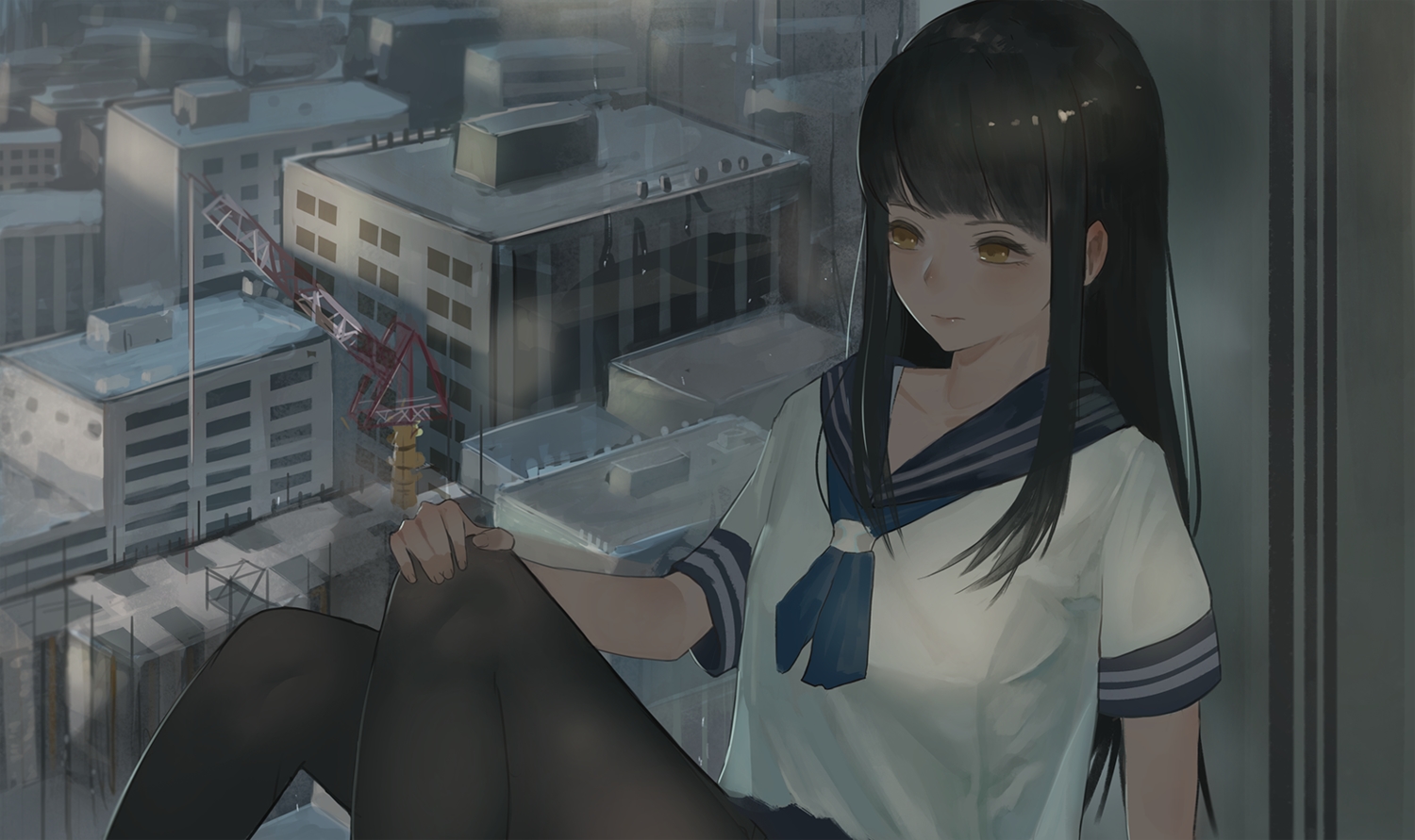 black_hair, building, city, dark, long_hair, original, pantyhose, reido_(reido_c)