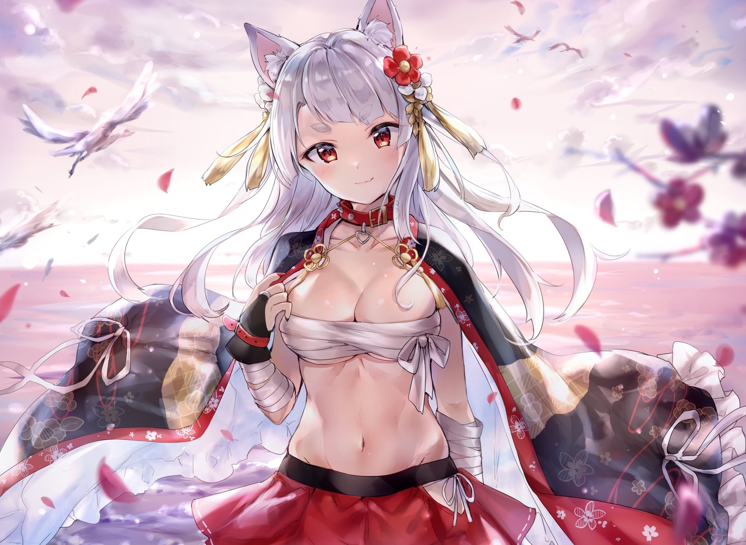 animal_ears, anthropomorphism, azur_lane, bandage, blush, breasts, cleavage, clouds, collar, doggirl, flowers, long_hair, navel, petals, red_eyes, sarashi, sky, takeashiro, underwear, water, white_hair, yuudachi_(azur_lane)